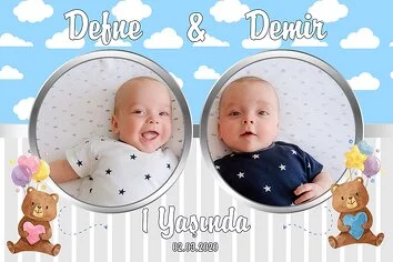 Bulut ve Çizgili Fonda İkiz Ayıcıklar Temalı Parti Konsept