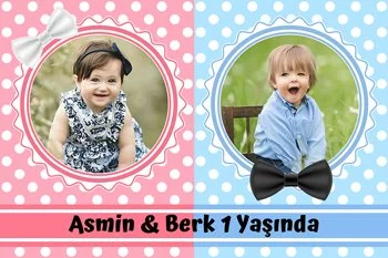 Pembe Mavi Puantiyeli Fon ile İkiz Temalı Doğum Günü Konsepti