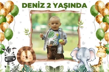 Safari Hayvanları ile Yeşil Sarı Balonlar Temalı Parti Konsept