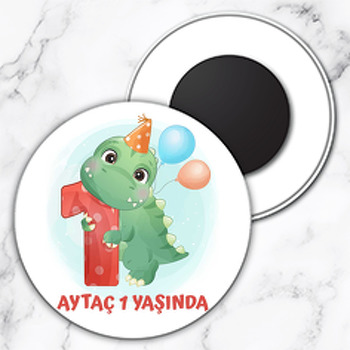 1 Yaş Dinazor Temalı Daire Plastik Doğum Günü Magnet
