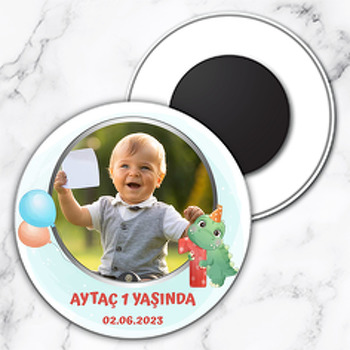 1 Yaş Dinazor Temalı Daire Plastik Doğum Günü Magnet