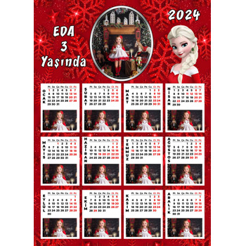 12 Resimli Elsa Yılbaşı Kırmızı Fon Temalı Takvim Magnet