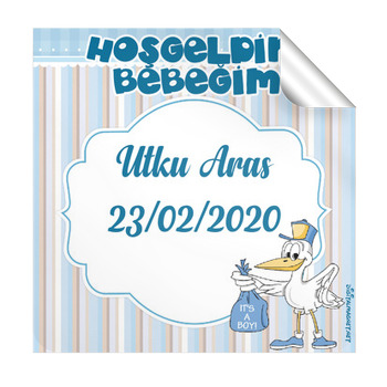 Leylek Desenli Hoş geldin bebek Temalı Kare Etiket