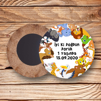 Sevimli Hayvanlar Temalı Ahşap Daire Magnet