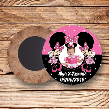 Pembe Siyah Minnie Mouse Temalı Resimli Ahşap Daire Magnet