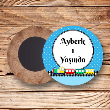 Renkli Tren Temalı Ahşap Daire Magnet