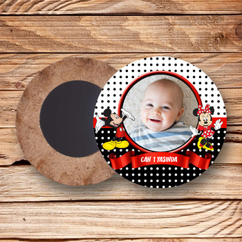 Mickey Mouse Temalı Resimli Ahşap Daire Magnet