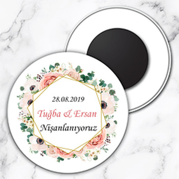 Toz Pembe Güller Temalı Söz Nişan Nikah Daire Plastik Magnet