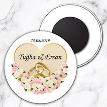 Pembe Beyaz Güller Ve Alyans Temalı Söz Nişan Nikah Daire Plastik Magnet