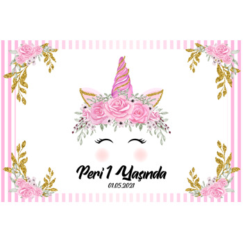 Unicorn Temalı Çiçekli Doğum Günü Plastik Magnet