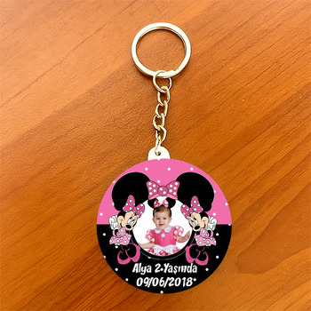 Pembe Siyah Minnie Mouse Temalı Resimli Daire Plastik Anahtarlık