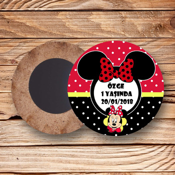 Kırmızı Siyah Minnie  Temalı Ahşap Daire Magnet