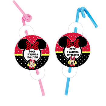 Kırmızı Siyah Minnie  Temalı Pipet ve Kartı