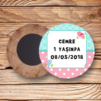 Sevimli Kuşlar Temalı Ahşap Daire Magnet