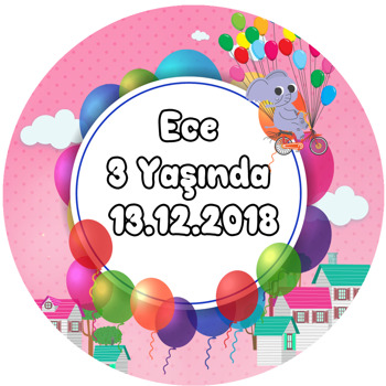 Balonlu Pembe Fil  Temalı Akrilik Daire Magnet
