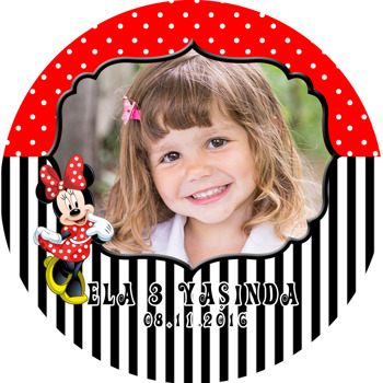 Kırmızı Minnie Mouse Temalı Resimli Akrilik Daire Magnet