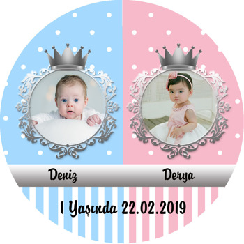 Gümüş Taçlı İkiz Temalı Resimli Akrilik Daire Magnet