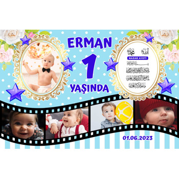 Mavi Puantiye Fonda Çiçekler ile Film Şeridi Temalı Nazar Dualı Plastik Magnet