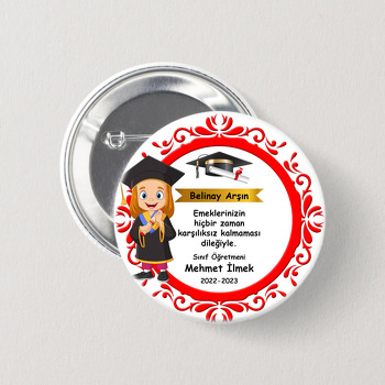 Kırmızı Çerçevede İçinde Mezun Kız Öğrenci Temalı İğneli Buton Rozet