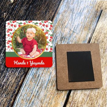 Kiraz Temalı Ahşap Kare Magnet