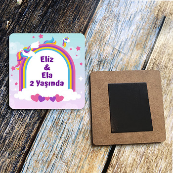 Unicorn İkiz Kız Temalı Kare Ahşap Magnet