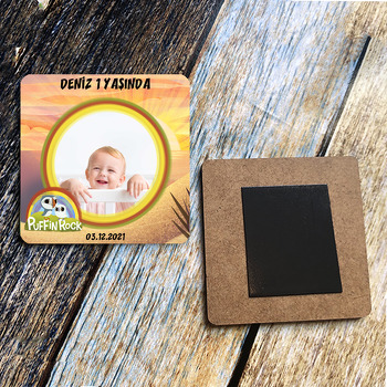 Puffin Rock Temalı Resimli Kare Ahşap Magnet