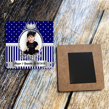 Lacivert Beyaz Gümüş Çerçeve Temalı Kare Ahşap Magnet