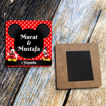 Mickey Mouse Kırmızı Fonda İkiz Temalı Ahşap Kare Magnet