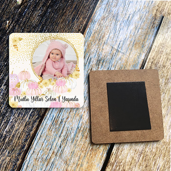Pembe Balkabağı Temalı Ahşap Kare Magnet