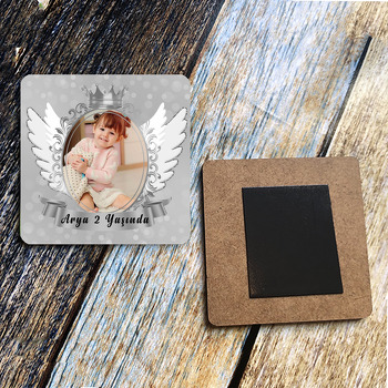 Gümüş Angel Wings Temalı Resimli Ahşap Kare Magnet