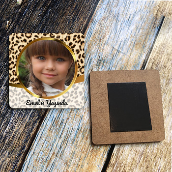 Leopar Temalı Ahşap Kare Magnet