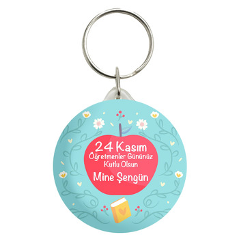 Kırmızı Elma ile Mavi Fon Öğretmenler Günü Temalı Anahtarlık