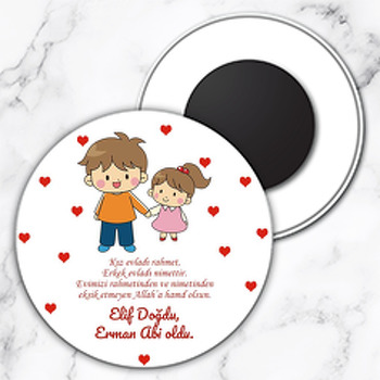Abi Kardeş ile Kalpler Temalı Daire Plastik Magnet