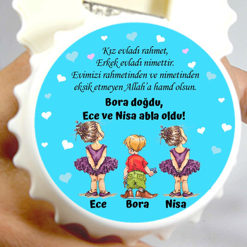 Ablalar ile Hoşgeldin Erkek Kardeş Mavi Kalpli Fon Temalı Kapak Şekilli Magnet Açacak