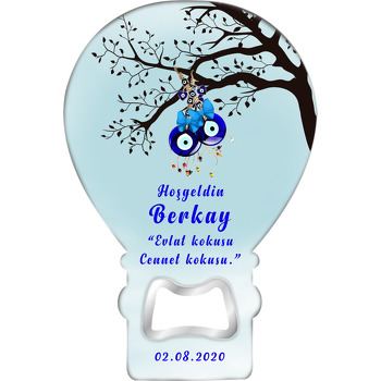 Açık Mavi Fonda Dalda Nazar Boncuğu Temalı Balon Magnet Açacak