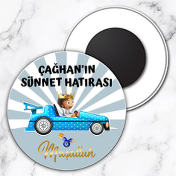Açık Mavi Puantiye Arabalı Sünnet Çocuğu Temalı Daire Plastik Magnet