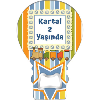 Ahşap Bloktan Tren ile Çizgili Fon Temalı Balon Ahşap Magnet 