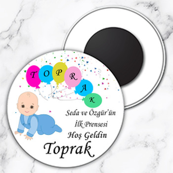 Altı Harfli Balonlu Erkek Bebek Temalı Daire Plastik Magnet