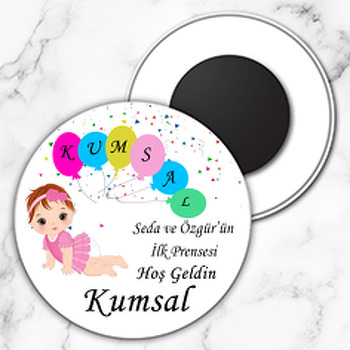 Altı Harfli Balonlu Kız Bebek Temalı Daire Plastik Magnet