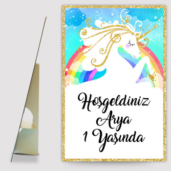 Altın Saçlı Unicorn Temalı Ayaklı Ahşap Pano