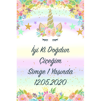 Altın Simli Unicorn Temalı Doğum Günü Afiş
