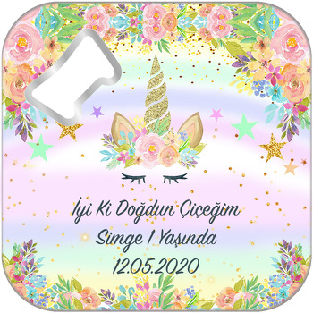 Altın Simli Unicorn Temalı Kare Magnet Açacak