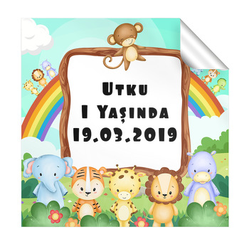 Animal Safari Temalı Doğum Günü Parti Kare Etiket
