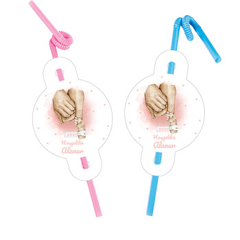 Anne Baba ve Bebek Eli ile Pembe Fon Temalı Pipet ve Kartı