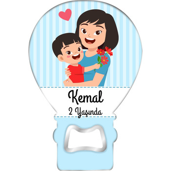 Anne ile Erkek Çocuk Mavi Çizgili Fonda Temalı Balon Ahşap Magnet 