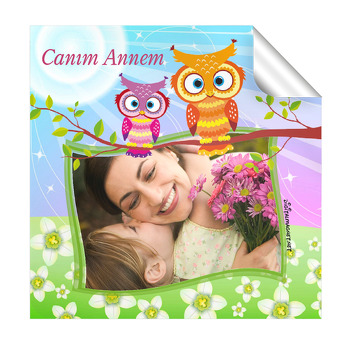 Anne Kız Baykuşlar Temalı Kare Etiket