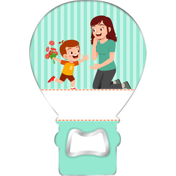 Anne Oğul ile Yeşil Çizgili Fon Temalı Balon Ahşap Magnet 