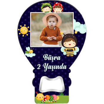 Arı Kardeşler ile Lacivert Fon Temalı Balon Ahşap Magnet 