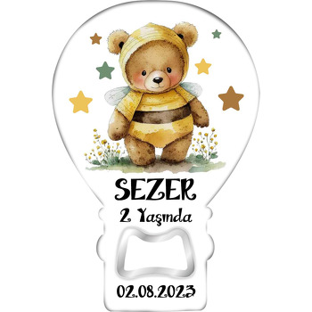 Arı Kostümlü Ayıcık ile Yıldızlar Temalı Balon Ahşap Magnet 
