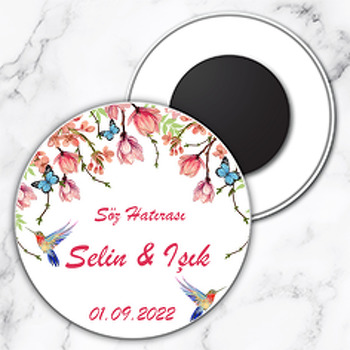 Arı Kuşu ile Çiçekli Dallar Temalı Daire Plastik Magnet